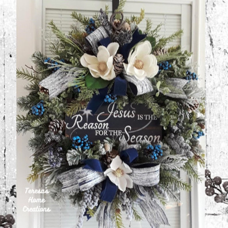Blue Christmas Wreaths Jesus is the Reason Large Christmas Wreath for FrontDoor Religious Wreath Large Magnolia Wreath Elegant Wreath