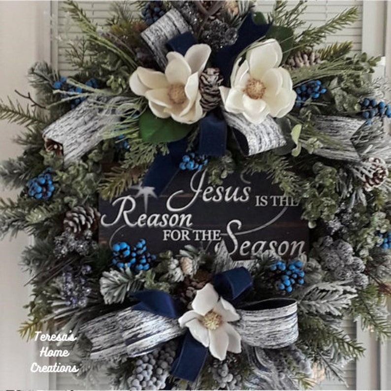 Blue Christmas Wreaths Jesus is the Reason Large Christmas Wreath for FrontDoor Religious Wreath Large Magnolia Wreath Elegant Wreath