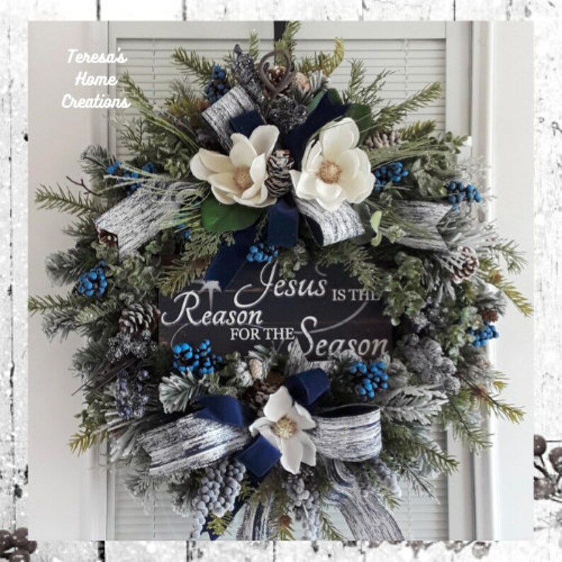 Blue Christmas Wreaths Jesus is the Reason Large Christmas Wreath for FrontDoor Religious Wreath Large Magnolia Wreath Elegant Wreath