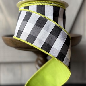 Black & White Buffalo Check w/ Lime Green Fused Back Designer Wired Ribbon, 2.5" Wide, 10 Yards