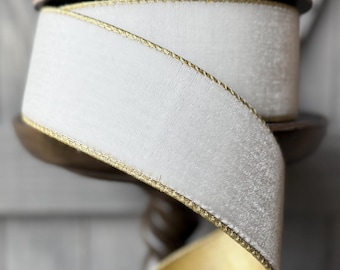 Lush Velvet - Winter White w/ Gold Fused Back d Stevens Wired Ribbon, 2.5" Wide, 10 Yards, Designer Ribbon
