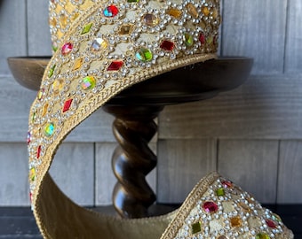Royal Jewel Gold Multi-Colored Gem d Stevens Wired Ribbon, Christmas Tree Ribbon, Luxury Designer Ribbon, 3" Wide, 5 Yards