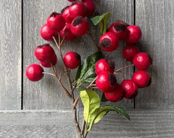 May include: A decorative artificial branch featuring numerous round, bright red berries with dark brown textured tops. The berries are attached to thin brown stems, interspersed with several small, pointed green leaves along the main branch.