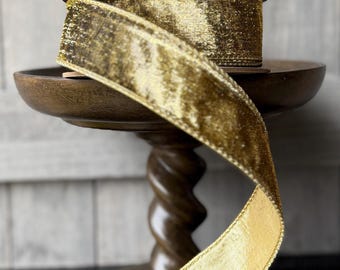 Lame Textured Velvet - Gold w/ Fused Back d Stevens Wired Ribbon, Holiday Designing, 1.5" Wide, 10 Yards
