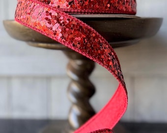 Cirque Red Glitter Fused Back d Stevens Wired Ribbon, Holiday Designer Ribbbon, Christmas Tree Ribbon, 1" Wide, 10 yards