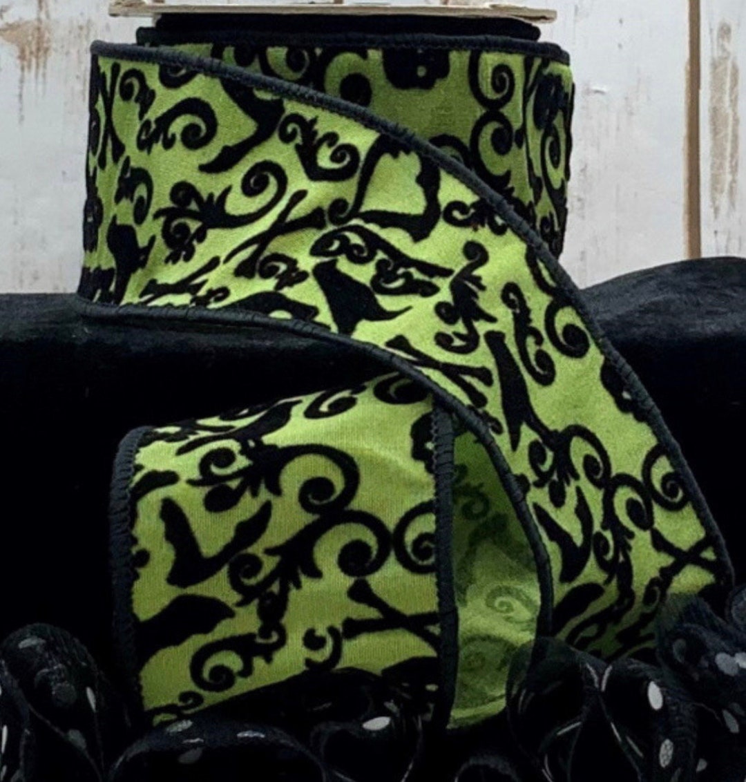 Green Ribbon Scroll Green, Black Skull Scroll D Stevens Wired Ribbon, 2.5 Inch, 10 Yards - Etsy