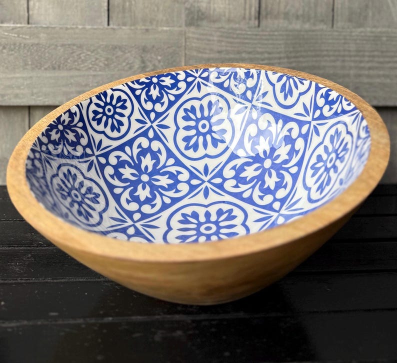 Mango Wood Bowl w/ Blue and White Mosaic Enamel Lined Print, Rustic Home Decor, 10" Diameter zdjęcie 2