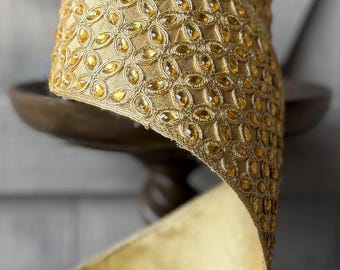 Gold Filigree Jeweled Dupion w/ Fused Back d Stevens Wired Ribbon Christmas Tree Trim, Luxury Ribbon, 4" Wide, 5 Yards