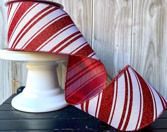 Red Glitter Stripe Metallic Red Back Designer Wired Ribbon, Christmas Tree Ribbon, 4" Wide, 10 Yards