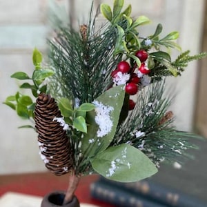 Faux Flocked Pine Berry Spray, Faux Pinecone Photo Prop, 15" Long