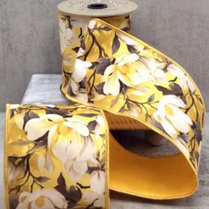 d Stevens, 5 yards, 4 Inch Wired Ribbon, Magnolia Ribbon, Yellow Ribbon, Designer Ribbon, White Ribbon, Luxury Ribbon, Floral Ribbon