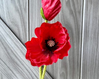 Set of 2, 25" Poppy Stem, Red Poppy Spray, Faux Poppy Stem, Wedding Florals, Wreath Florals, Red Poppy Stem, Faux Poppy Stem, DIY Florals