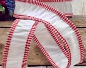 White w/ Red & White Gingham Check Edge d Stevens Wired Ribbon, Christmas Tree Ribbon, 1.5" Wide, 10 Yards