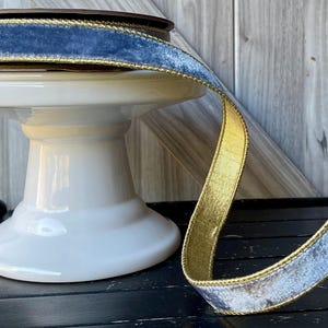 d Stevens, 10 yards, 1 Inch Wired Ribbon, Blue Velvet Ribbon, Dusty Blue Ribbon, Gold Ribbon, Designer Ribbon, Wreath Ribbon, Luxury Ribbon