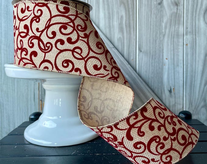 10 Yards, 4 Inch Wired Ribbon, Red Scroll Ribbon, Natural Ribbon ...