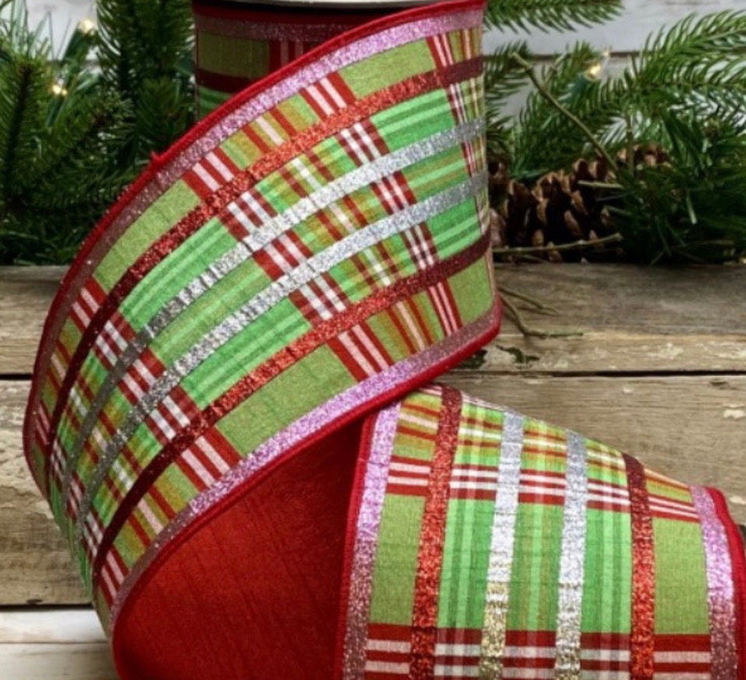 4 Inch Plaid Glitter D Stevens Wired Ribbon: Red, Green, Pink Stripe ...