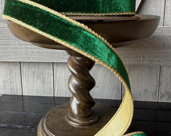 Lush Velvet Emerald Green w/ Gold Fused Back d Stevens Wired Ribbon, Christmas Ribbon, 1" Wide, 10 Yards