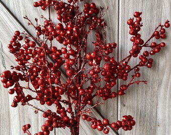 18" Berry Spray, Faux Berry Bush, Red Berry Spray, Glitter Berry Bush, Wedding Floral, Faux Berry Spray, Berry Photo Prop, Red Berry Bush