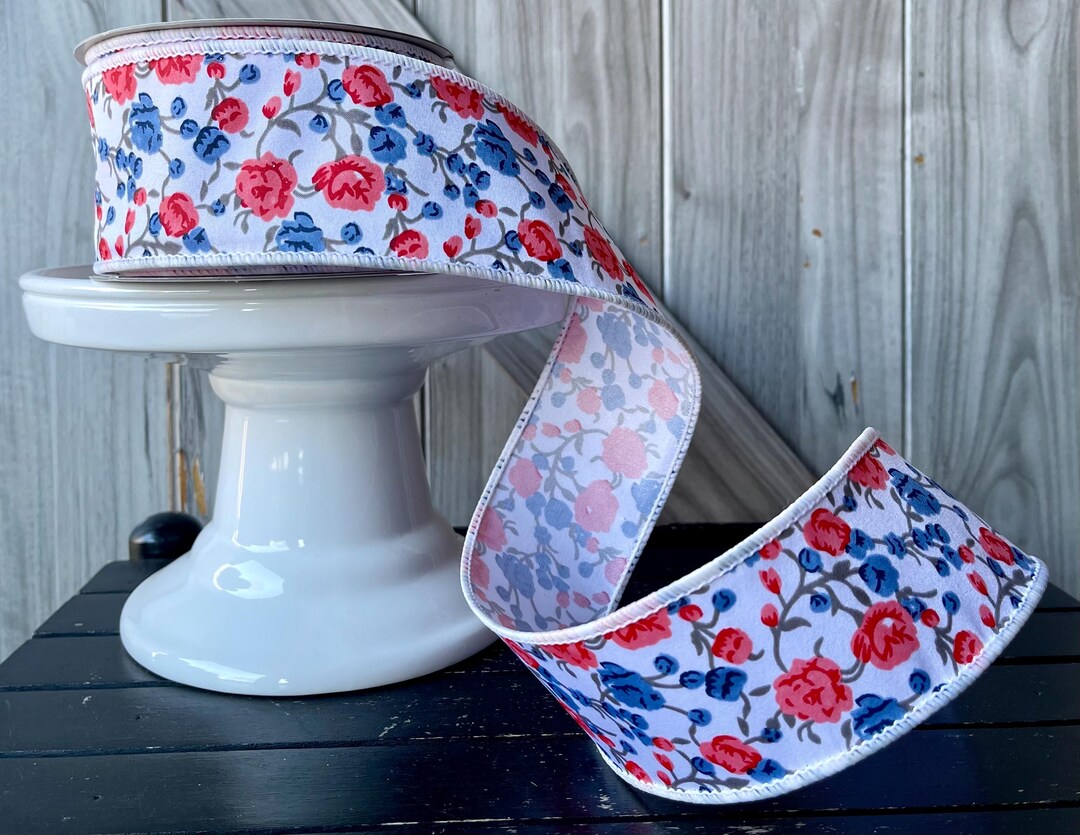 10 Yards, 2.5 Inch Wired Ribbon, Rose Garden Ribbon, Blue Floral Ribbon ...