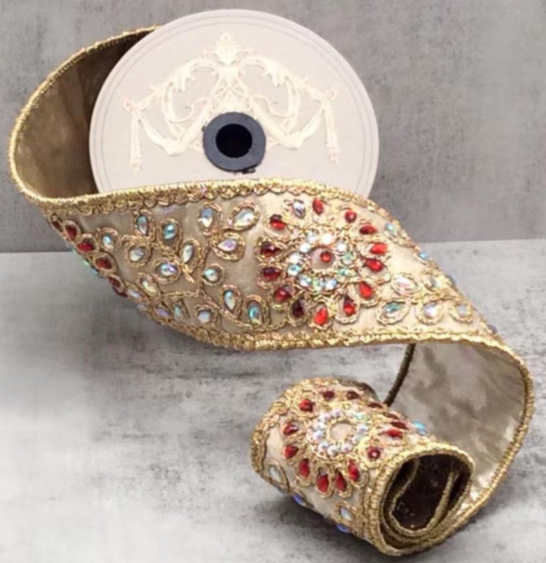 Jewled Ribbon D Stevens, 5 Yards, 2.5 Inch Wired Ribbon, Jeweled Ribbon, Floral ...