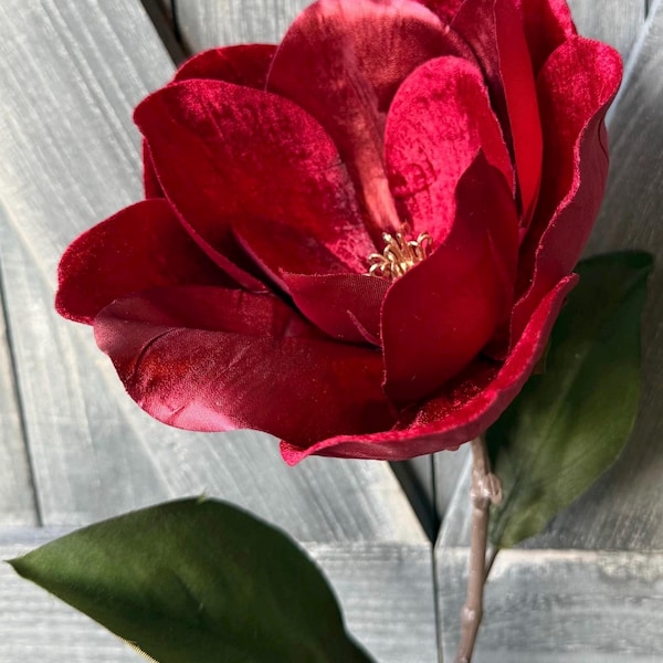 9" Red Velvet Magnolia Stem, Glamour Holiday Tree Floral, Magnolia Flower Spray, 18" Long, 9" Diameter