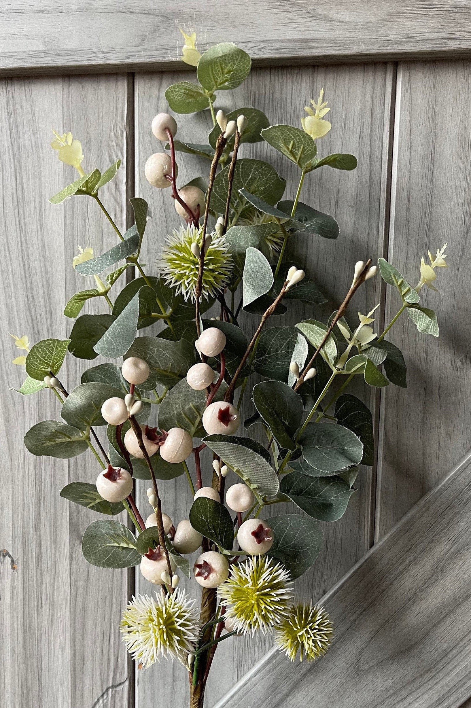 33 White Faux Berry Stem, Fall Berries, Cream Artificial, Brown 