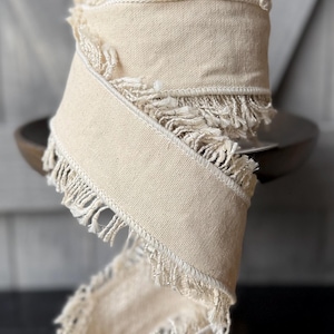 Off White Canvas Fringe Designer Wired Ribbon, Silver Accents, 2.5 Inch, 5 Yards