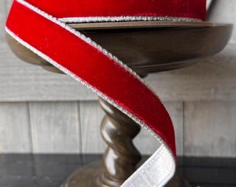 Lush Velvet Red w/ Silver Fused Back d Stevens Wired Ribbon, Christmas Tree Ribbon, 1" Wide, 10 Yards