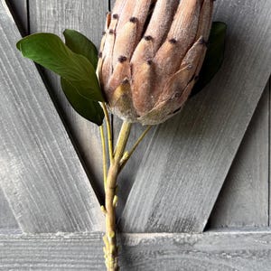 May include: A faux protea flower with a large, textured bloom in shades of tan and brown, accented with small black details. The stem is a mix of yellow and brown, with green leaves. The background is a gray wooden surface.