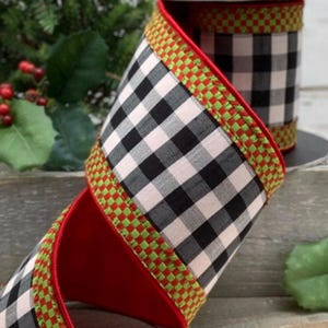 d Stevens, 10 yards, 4 Inch Wired Ribbon, Merry Bright Ribbon, Check Ribbon, Red Trim Ribbon, Holiday Ribbon, Designer Ribbon, Luxury Ribbon
