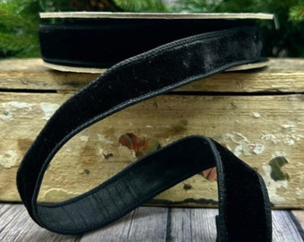 Lush Velvet Black w/ Taffeta Fused Back d Stevens Wired Ribbon, Holiday Ribbon, 1" Wide, 10 Yards