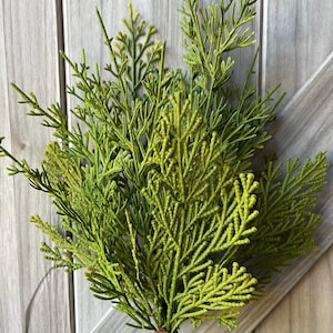 May include: A faux cedar branch featuring multiple stems with textured, needle-like green foliage. The branch is gathered at the base and wrapped in a brown, paper-like material, creating a realistic botanical appearance for decorative arrangements.