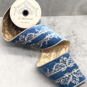 d Stevens, 5 yards, 4 Inch Wire Ribbon, Trellis Scroll Ribbon, Velvet Ribbon, Dusty Blue Ribbon, Gold Ribbon, Designer Ribbon, Luxury Ribbon