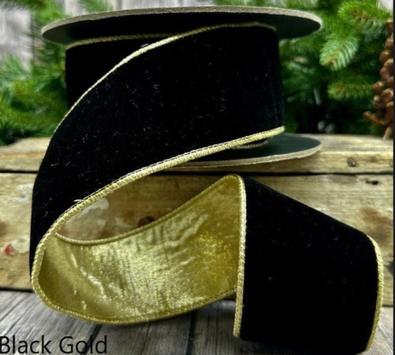 Black and Gold Christmas Ribbon, Black Velvet Gold Firefly Center, 2.5,  Black Velvet and Gold Ribbon, 2.5 Width Christmas