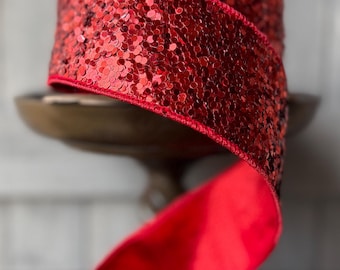 Cirque Red Glitter Dupion Fused Back d Stevens Wired Ribbon, Christmas Tree Ribbon, 2.5" Wide, 10 Yards