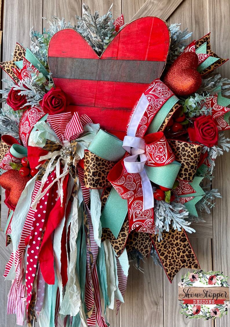 Red Heart Wreath, Valentine Wreath, Rag Bow Wreath, Rustic Heart Wreath, Heart Door Wreath, Farmhouse Wreath, Love Door Wreath, Heart Wreath image 2