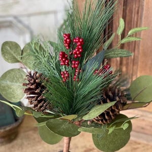Faux Pine Berry Leaf Spray, Pine Cone Home Decor, 18 Inch