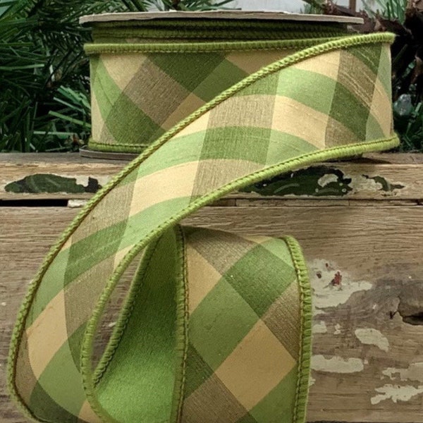 d Stevens, 10 yards, 1.5 Inch Wired Ribbon, Aspen Check Ribbon, Green Ribbon, Checkered Ribbon, Gold Ribbon, Designer Ribbon, Luxury Ribbon