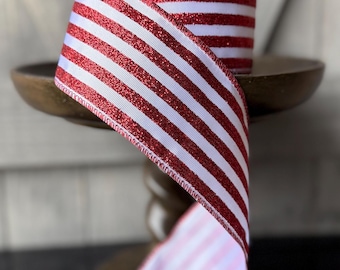 White Poplin w/ Red Glitter Stripe d Stevens Wired Ribbon, 2.5" Wide, 10 Yards, Christmas Ribbon