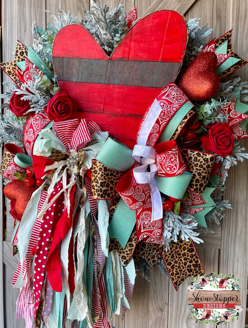 Red Heart Wreath, Valentine Wreath, Rag Bow Wreath, Rustic Heart Wreath, Heart Door Wreath, Farmhouse Wreath, Love Door Wreath, Heart Wreath image 9