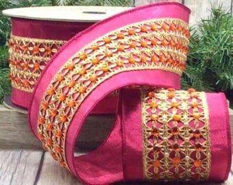 Jewel Dupioni Hot Pink Orange w/ Gold Trim d Stevens Wired Ribbon, Luxury Ribbon, 4" Wide, 10 Yards