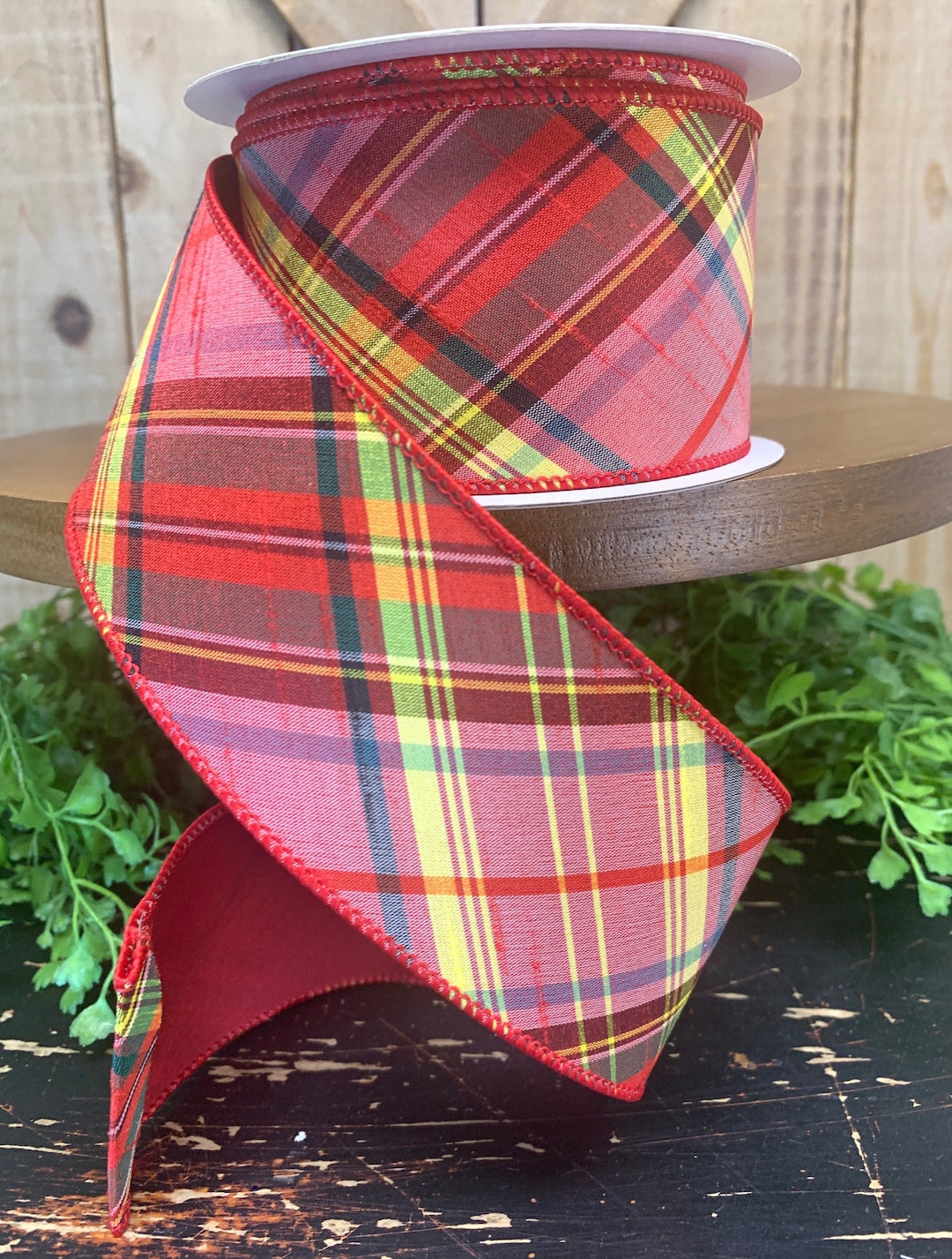 10 Yards, 2.5 Inch Wired Ribbon, Fire Red Plaid Ribbon, Pink Plaid ...