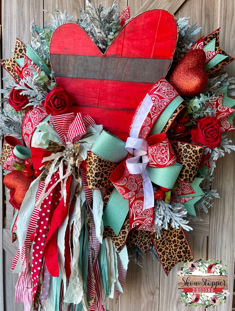 Red Heart Wreath, Valentine Wreath, Rag Bow Wreath, Rustic Heart Wreath, Heart Door Wreath, Farmhouse Wreath, Love Door Wreath, Heart Wreath image 3