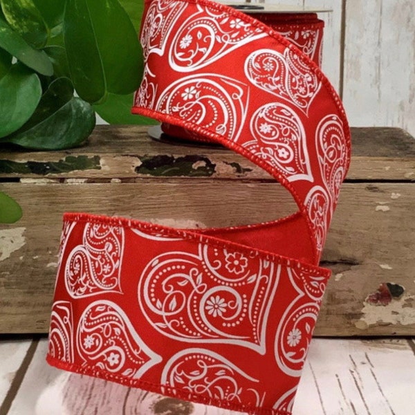 d Stevens, 10 yards, 2.5 Inch Wired Ribbon, Red Bandana Ribbon, Bandana Ribbon, Red Ribbon, Designer Ribbon, Heart Ribbon, Valentine Ribbon