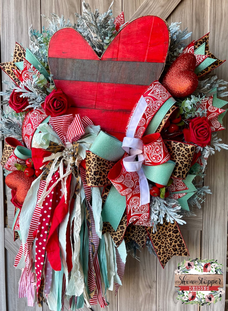 Red Heart Wreath, Valentine Wreath, Rag Bow Wreath, Rustic Heart Wreath, Heart Door Wreath, Farmhouse Wreath, Love Door Wreath, Heart Wreath image 4