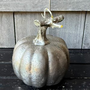 May include: A silver-colored pumpkin with a decorative stem. The pumpkin has a textured surface and is likely made of metal or a similar material. The stem has a unique, stylized design with yellow accents.