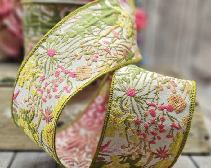 Mixte Ribbon D Stevens, 10 Yards, 3 Inch Wired Ribbon, Mixed Floral Ribbon, Green ...
