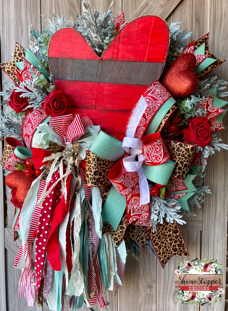 Red Heart Wreath, Valentine Wreath, Rag Bow Wreath, Rustic Heart Wreath, Heart Door Wreath, Farmhouse Wreath, Love Door Wreath, Heart Wreath image 1