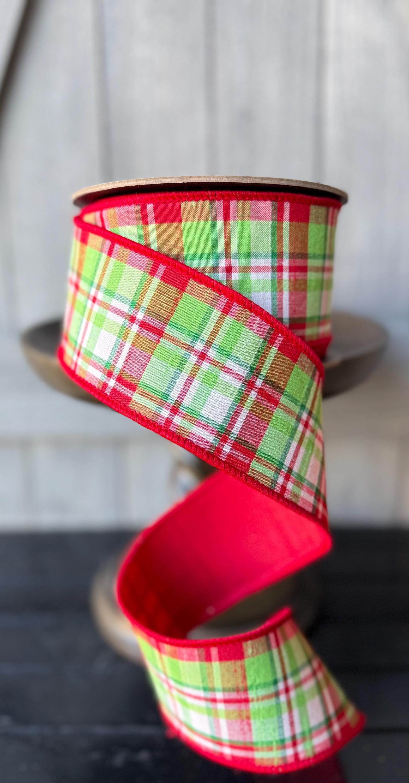 Christmas Holiday Plaid Red Fused Back D Stevens Wired Ribbon, 2.5