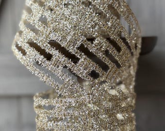 Link Stretch Tinsel Platinum (Silver/Gold) d Stevens Ribbon, Christmas Tree Ribbon, 5.25" Wide, 10 Yards